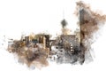 Abstract Building in Osaka city at night on watercolor painting background. Royalty Free Stock Photo