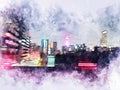 Abstract Building in Osaka city at night on watercolor painting background. Royalty Free Stock Photo