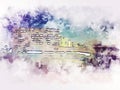 Abstract Building in Osaka city at night on watercolor painting background. Royalty Free Stock Photo