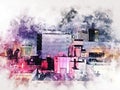 Abstract Building in Osaka city at night on watercolor painting background. Royalty Free Stock Photo