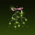 Abstract bunch of glowing mistletoe with ribbon bow on dark green