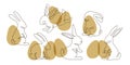 Abstract bunnies set on eggs background. Easter bunny rabbit continuous one line drawing