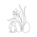 Abstract bunny, eggs, blooming narcissus flower. Easter bunny continuous one line drawing Royalty Free Stock Photo