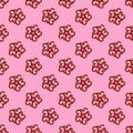 Abstract burgundy curls seamless pattern with white stripes, abstract flowers, pink background