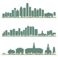 Abstract Burlington Vermont, Denver and Dallas USA City Skyline set with Color Buildings. Illustration