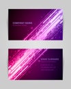 Abstract business card with linear shapes and dots vector banner. Techno purple stripes template with creative gradient