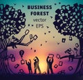 Abstract business forest people and documents silhouette and sky