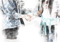 Abstract business friendship handshake concept on watercolor illustration painting.