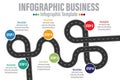Abstract business infographics 6 steps or 6 option in the form of an automobile road with road markings, markers, icons and text