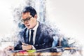 Abstract business man thinking and sitting on desk in the office on watercolor illustration painting background. Royalty Free Stock Photo