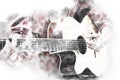 Abstract business woman playing acoustic Guitar in the foreground on Watercolor painting background. Royalty Free Stock Photo