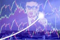 Abstract-businessman using finger, touching stock chart with background cityscape,concept of investment, exchanges in stock market