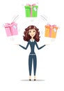 Abstract Businesswoman holding gift box with bow.