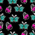 Abstract butterflies seamless pattern, hand drawing, textile print, vector illustration. Patterned colorful bright insect with win Royalty Free Stock Photo