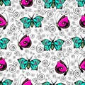 Abstract butterflies seamless pattern, hand drawing, textile print, vector illustration. Patterned colorful bright insect with win Royalty Free Stock Photo