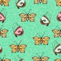 Abstract butterflies seamless pattern, hand drawing, textile print, vector illustration. Patterned colorful pastel insect with win Royalty Free Stock Photo