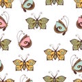 Abstract butterflies seamless pattern, hand drawing, textile print, vector illustration. Patterned colorful pastel insect with win Royalty Free Stock Photo