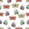 Abstract butterflies seamless pattern, hand drawing, textile print, vector illustration. Patterned colorful pastel insect with win Royalty Free Stock Photo