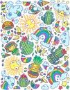 Abstract cacti, pineapples, rainbow and clouds