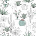 Abstract cactus garden. Continuous line drawing. Seamless pattern