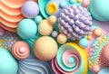 abstract candy background with pastel colorful geometric shapes, in 3d style, ai generation