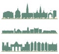 Abstract Cannes France, Brussels Belgium and Copenhagen Denmark City Skyline set with Color Buildings. Illustration