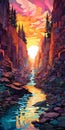 Hyper-detailed Sunset Painting Of Canyon And Stream