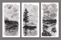 Abstract canvas wall art tryptich. Beige, grey, black, warm colors. Soft calm landscape with field, trees, sky, river
