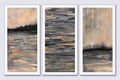 Abstract canvas wall art tryptich. Beige, grey, black, warm colors. Soft calm landscape with field, trees, sky, sea