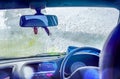 Abstract capture of Natural water drop on the Window glass from inside the Car with condensation during rainy day traveling on Royalty Free Stock Photo