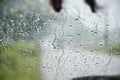 Abstract capture of Natural water drop on the Window glass from inside the Car with condensation during rainy day traveling on Royalty Free Stock Photo