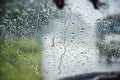 Abstract capture of Natural water drop on the Window glass from inside the Car with condensation during rainy day traveling on Royalty Free Stock Photo