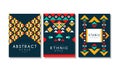 Abstract Cards with Geometric Ethnic Pattern Set, Colorful Flyer, Brochure Templates Design Vector Illustration Royalty Free Stock Photo