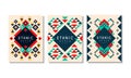 Abstract Cards with Geometric Ethnic Pattern Set, Colorful Flyer, Brochure Templates in Tribal Style Vector Illustration Royalty Free Stock Photo