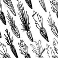 Abstract carrot seamless pattern. Hand drawn vector illustration. Pen or marker doodle sketch. Black and white scribble