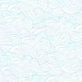 Abstract cartoon blue white background, wallpaper. Doodle pattern sea waves, ocean, river, wind. Seamless texture