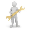 Abstract cartoon character with golden wrench in hands. Repairs concept. 3D rendering.