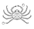 Abstract cartoon character - sea crab, garden spider with eyes, smile. Children`s contour coloring. Black drawing on white