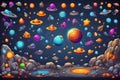 abstract cartoon colorful alien planets, stone asteroids, stars and coins background