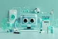 Abstract cartoon cute robot on table with advanced electronic device. Artificial intelligence learning, android kid