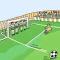 Abstract cartoon of funny characters playing football at match in stadium with crowd