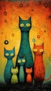 Abstract cartoon illustration of a family of cats. Feline drawing with kittens in teal, orange, and gold.