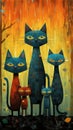 Abstract cartoon illustration of a family of cats. Feline drawing with kittens in teal, orange, and gold.