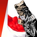 abstract cartoon illustration of a old warrior kissing the flag commemorating Indonesia's independence day