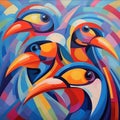 Abstract cartoon painting of brightly colored birds.