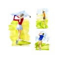 Watercolor vector illustration of golf players teeing off