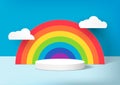 Abstract cartoon scene. Stage podium decor with rainbows, clouds. 3d pedestal for product display on light blue background.Vector. Royalty Free Stock Photo