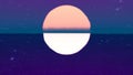 Abstract cartoon seascape with the sunset in beige and purple colors. Animation. The sun reflected on the calm sea Royalty Free Stock Photo