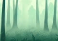 abstract cartoon style illustration of misty foggy forest created with generative ai technology