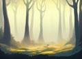 abstract cartoon style illustration of misty foggy forest created with generative ai technology